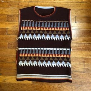 Brown geometric sweater vest with wood buttons